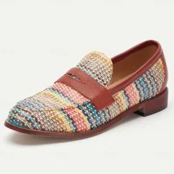 Clearance OUKU Men's Multicolor Woven Penny Loafers – Vintage Nylon Knit Slip-On Dress Shoes for Smart Casual Outfits Red Brown