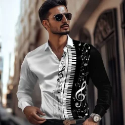 Discount OUKU Men's Musical Notes Satin Shirt Dress Shirt Button Up Shirt Long Sleeve Fashion Casual Vacation Daily Evening Party Summer Spring Fall Turndown Collared Shirts 3D Print White