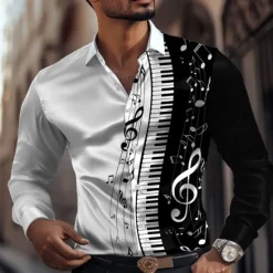 Discount OUKU Men's Musical Notes Satin Shirt Dress Shirt Button Up Shirt Long Sleeve Fashion Casual Vacation Daily Evening Party Summer Spring Fall Turndown Collared Shirts 3D Print White