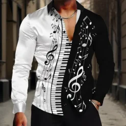 Best OUKU Men's Musical Notes Shirt Button Up Shirt Long Sleeve Casual Formal Summer Spring Fall Turndown Buttons Print White Blue Purple Apricot