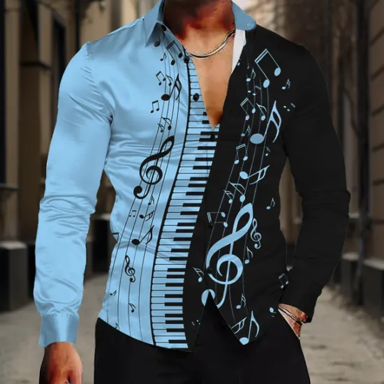 Best OUKU Men's Musical Notes Shirt Button Up Shirt Long Sleeve Casual Formal Summer Spring Fall Turndown Buttons Print White Blue Purple Apricot