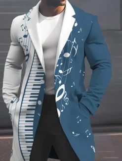 Sale OUKU Men's Musical Notes Winter Coat Overcoat Coat Warm Breathable Comfortable Fashion Streetwear Business Work Wear to work Going out Pocket Print Fall & Winter Turndown Long Sleeve Black White Sky Blue