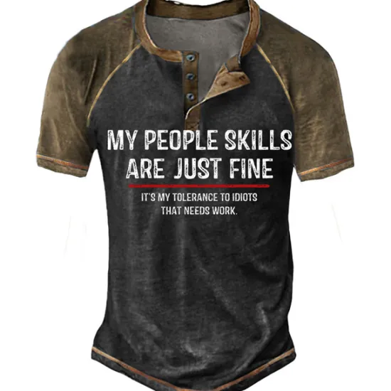Clearance OUKU Men's My People Skills Are Just Fine It's My Tolerance To Idiots That Needs Work Henley Shirt Tee Short Sleeve 3D Print Fashion Designer Comfortable Tee Black
