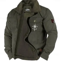 Best OUKU Men's Nautical Compass Print Embroidered Fleece Jacket Sherpa Trucker Jacket Work Cargo Jacket Turn-Down Collar Warm Winter Cotton Jacket Vintage Casual Going Out Coat Multi-Pockets