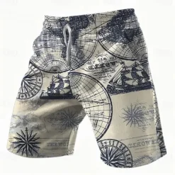 Online OUKU Men's Nautical Compass Sailboat Shorts Summer Shorts Casual Shorts Mid Waist Streetwear Hawaiian Retro Vintage Casual Daily Holiday Pocket Drawstring Elastic Waist Designer Clothing Apparel