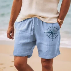 Outlet OUKU Men's Nautical Compass Shorts Summer Shorts Beach Shorts Mid Waist Hawaiian Casual Outdoor Holiday Going out Drawstring Elastic Waist Print Designer Clothing Apparel