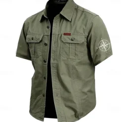 OUKU Men's Nautical Compass Work Shirt Western Shirt Cargo Shirt Short Sleeve Casual Tactical Sports Outdoor WorkWear Summer Spring Turndown Front Two Pockets Cotton Button Up Shirts Army Green Khaki Dark