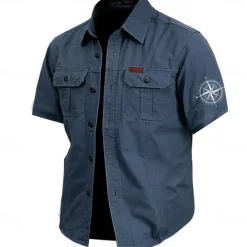 OUKU Men's Nautical Compass Work Shirt Western Shirt Cargo Shirt Short Sleeve Casual Tactical Sports Outdoor WorkWear Summer Spring Turndown Front Two Pockets Cotton Button Up Shirts Army Green Khaki Dark
