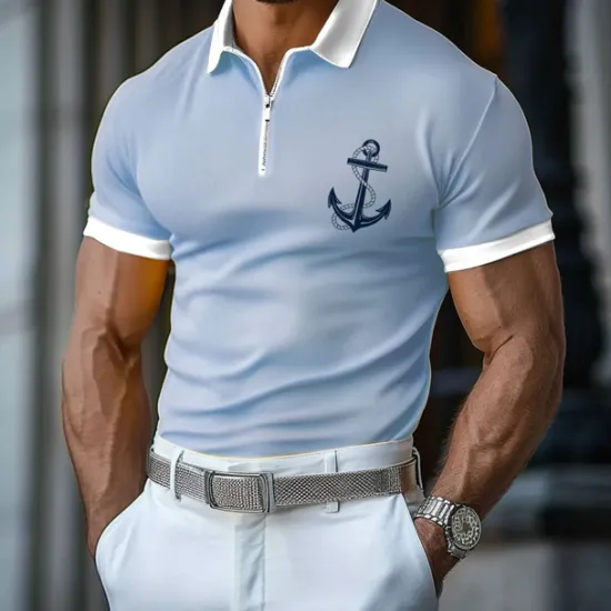 Outlet OUKU Men's Nautical Hawaiian Polo Shirts Golf Shirt Short Sleeve Polo Shirts Collared Shirts Casual Beach Wear Vacation Wear Tropical Wear Party Outfits 3D Print Quarter Zip Polo Spring & Summer Blue