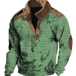 Best OUKU Men's Nautical Map Graphic Prints Sweatshirts Sweatshirt Pullover Long Sleeve Sweatshirt Stand Collar Daily Casual Vintage Retro 3D Print Vacation Going out Streetwear Buttons Spring & Fall