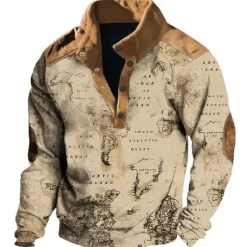 Best OUKU Men's Nautical Map Graphic Prints Sweatshirts Sweatshirt Pullover Long Sleeve Sweatshirt Stand Collar Daily Casual Vintage Retro 3D Print Vacation Going out Streetwear Buttons Spring & Fall