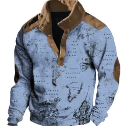 Best OUKU Men's Nautical Map Graphic Prints Sweatshirts Sweatshirt Pullover Long Sleeve Sweatshirt Stand Collar Daily Casual Vintage Retro 3D Print Vacation Going out Streetwear Buttons Spring & Fall