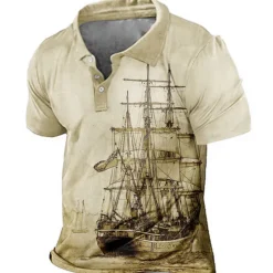 Outlet OUKU Men's Nautical Polo Shirts Golf Shirt Short Sleeve Polo Shirts Collared Shirts Vintage Casual Vacation Wear Boat Wear Party Outfits Buttons 3D Print Yellow Pink Blue