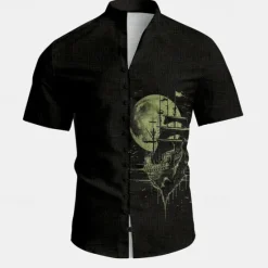 Best OUKU Men's Nautical Sailboat Halloween Costumes Button Up Shirt Printed Shirts Short Sleeve Hawaiian Resort Vacation Holiday Daily Wear Summer Standing Collar Print Button-Down Black