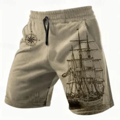 New OUKU Men's Nautical Sailboat Shorts Summer Shorts Casual Shorts Mid Waist Streetwear Hawaiian Retro Vintage Casual Daily Holiday Pocket Drawstring Elastic Waist Designer Clothing Apparel