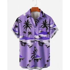 Hot OUKU Men's Nautical Shirt Button Up Shirt Short Sleeve Vintage Fashion Designer Outdoor Casual Holiday Summer Spring Turndown Print Button-Down White Yellow Light Green Pink Black / Brown