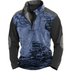 Hot OUKU Men's Nautical Sweatshirts Quarter Zip Sweatshirt Long Sleeve Sweatshirt Quarter Zip Vintage Retro 3D Print Hunting Travel Streetwear Print Spring & Fall