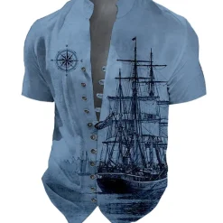 Hot OUKU Men's Nautical Vintage Sailboat Shirt Button Up Shirt Short Sleeve Fashion Streetwear Designer Outdoor Vacation Daily Summer Spring Stand Collar Print Blue-Green Black Blue Green Khaki