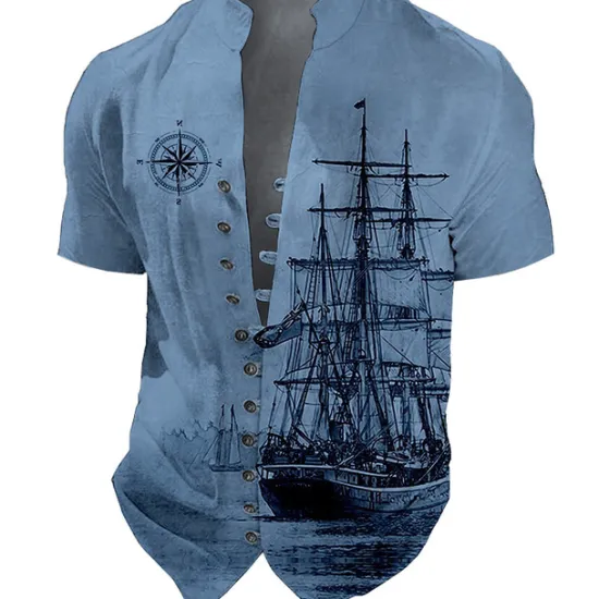 Hot OUKU Men's Nautical Vintage Sailboat Shirt Button Up Shirt Short Sleeve Fashion Streetwear Designer Outdoor Vacation Daily Summer Spring Stand Collar Print Blue-Green Black Blue Green Khaki