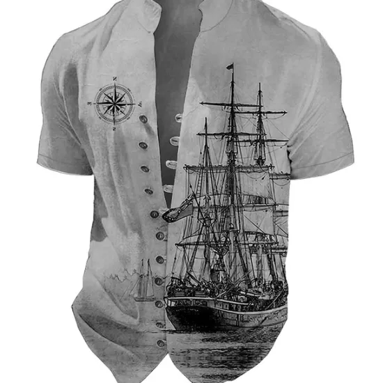 Hot OUKU Men's Nautical Vintage Sailboat Shirt Button Up Shirt Short Sleeve Fashion Streetwear Designer Outdoor Vacation Daily Summer Spring Stand Collar Print Blue-Green Black Blue Green Khaki