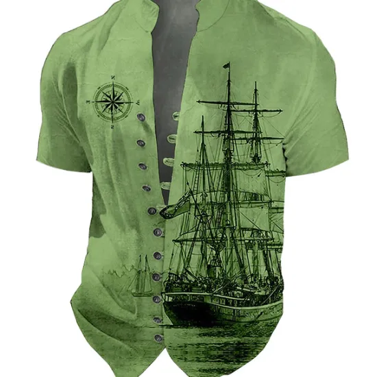 Hot OUKU Men's Nautical Vintage Sailboat Shirt Button Up Shirt Short Sleeve Fashion Streetwear Designer Outdoor Vacation Daily Summer Spring Stand Collar Print Blue-Green Black Blue Green Khaki