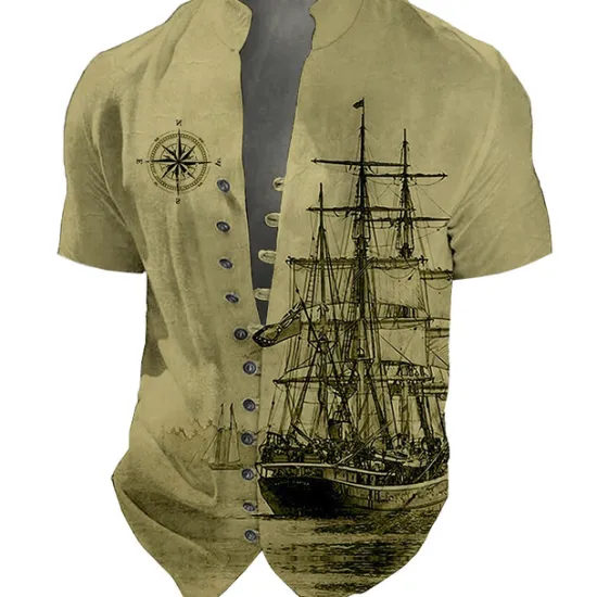 Hot OUKU Men's Nautical Vintage Sailboat Shirt Button Up Shirt Short Sleeve Fashion Streetwear Designer Outdoor Vacation Daily Summer Spring Stand Collar Print Blue-Green Black Blue Green Khaki