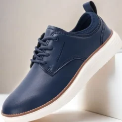 New OUKU Men's Navy Blue Leather Oxford Shoes – Classic Lace-Up Dress Shoes for Business & Formal Events