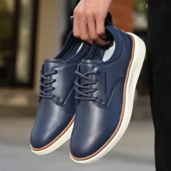 New OUKU Men's Navy Blue Leather Oxford Shoes – Classic Lace-Up Dress Shoes for Business & Formal Events