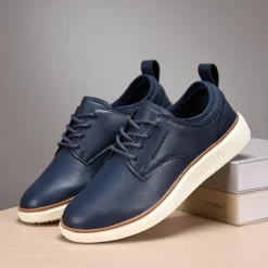 New OUKU Men's Navy Blue Leather Oxford Shoes – Classic Lace-Up Dress Shoes for Business & Formal Events