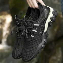 Best OUKU Men's Navy Blue Mesh Hiking Sneakers – Breathable Outdoor Running Shoes with Rugged Sole