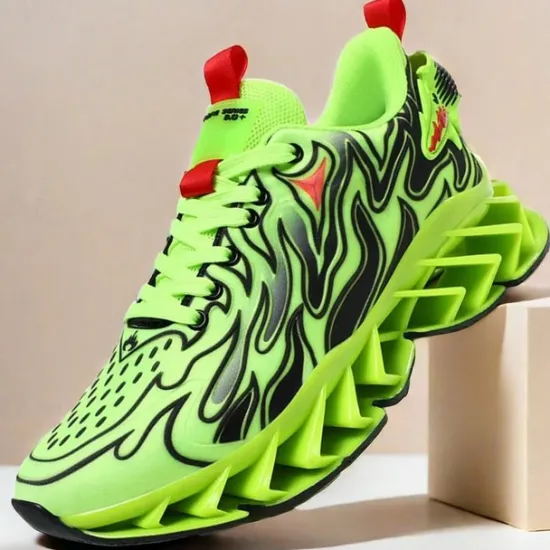 Online OUKU Men's Neon Green Flame Sneakers, Bold Wave Design with Breathable Upper and Cushioned Sole, Perfect for Streetwear and Active Lifestyle
