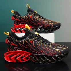 Online OUKU Men's Neon Green Flame Sneakers, Bold Wave Design with Breathable Upper and Cushioned Sole, Perfect for Streetwear and Active Lifestyle