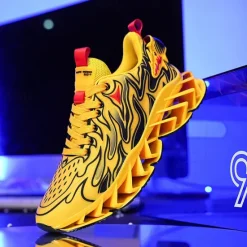 Online OUKU Men's Neon Green Flame Sneakers, Bold Wave Design with Breathable Upper and Cushioned Sole, Perfect for Streetwear and Active Lifestyle