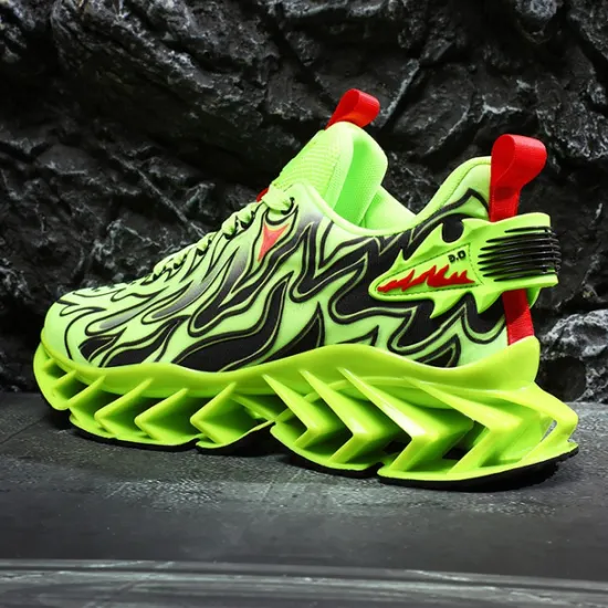Online OUKU Men's Neon Green Flame Sneakers, Bold Wave Design with Breathable Upper and Cushioned Sole, Perfect for Streetwear and Active Lifestyle