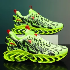 Online OUKU Men's Neon Green Flame Sneakers, Bold Wave Design with Breathable Upper and Cushioned Sole, Perfect for Streetwear and Active Lifestyle