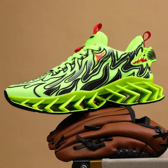 Online OUKU Men's Neon Green Flame Sneakers, Bold Wave Design with Breathable Upper and Cushioned Sole, Perfect for Streetwear and Active Lifestyle
