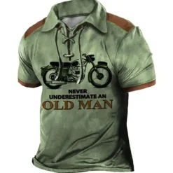 OUKU Men's Never Underestimate An Old Man With A Motorcycle Polo Shirt Golf Shirt Long Sleeve Shirt Turndown Outdoor Street Lake blue Blue Brown Green Clothing Apparel