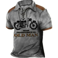 OUKU Men's Never Underestimate An Old Man With A Motorcycle Polo Shirt Golf Shirt Long Sleeve Shirt Turndown Outdoor Street Lake blue Blue Brown Green Clothing Apparel