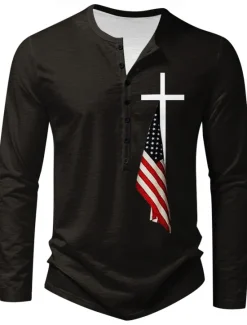 Discount OUKU Men's New Year Flag Long Sleeve Shirt Long Sleeve Print Daily Casual Daily Festival Spring & Fall Black Blue Green Light Grey Henley Henley T-Shirt