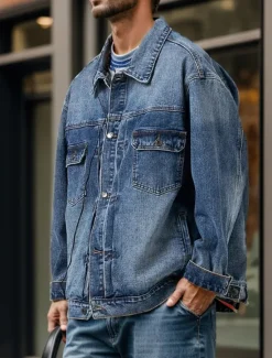 Online OUKU Men's Number Coat Jean Jacket Denim Jacket Breathable Comfortable Casual Sports & Outdoor Going out Weekend Buttons Print Fall & Winter Turndown Long Sleeve Black Blue