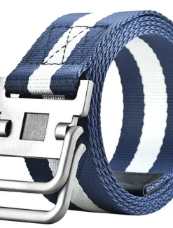 New OUKU Men's Nylon Belt Easy Adjustable Double Ring Buckle Golf Belt Black Casual Unisex Web Canvas Belt Metal Tactical Buckle Fashion Plain Striped