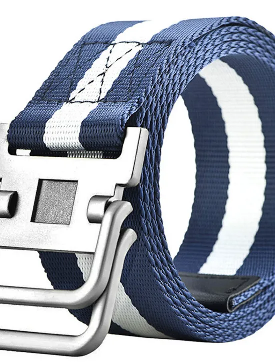 New OUKU Men's Nylon Belt Easy Adjustable Double Ring Buckle Golf Belt Black Casual Unisex Web Canvas Belt Metal Tactical Buckle Fashion Plain Striped