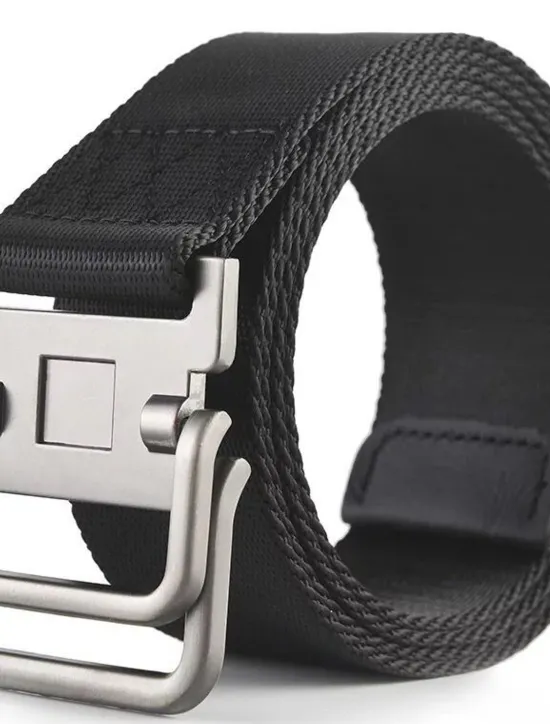 New OUKU Men's Nylon Belt Easy Adjustable Double Ring Buckle Golf Belt Black Casual Unisex Web Canvas Belt Metal Tactical Buckle Fashion Plain Striped