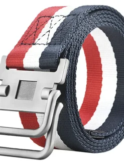 New OUKU Men's Nylon Belt Easy Adjustable Double Ring Buckle Golf Belt Black Casual Unisex Web Canvas Belt Metal Tactical Buckle Fashion Plain Striped