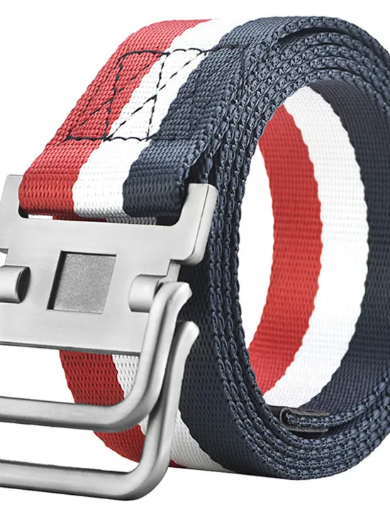 New OUKU Men's Nylon Belt Easy Adjustable Double Ring Buckle Golf Belt Black Casual Unisex Web Canvas Belt Metal Tactical Buckle Fashion Plain Striped