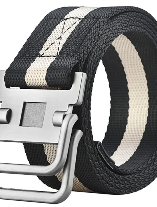 New OUKU Men's Nylon Belt Easy Adjustable Double Ring Buckle Golf Belt Black Casual Unisex Web Canvas Belt Metal Tactical Buckle Fashion Plain Striped
