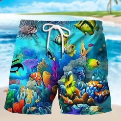 Best OUKU Men's Ocean Graphic Prints Fish Swim Trunks Swim Shorts Board Shorts Mid Waist Hawaiian Boho Casual Daily Holiday Drawstring with Mesh lining Elastic Waist Designer Clothing Apparel