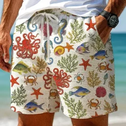 New OUKU Men's Octopus Shell Sea Creatures Waffle Shorts Sweat Shorts Casual Shorts Mid Waist Fashion Casual Vacation Jogging Workout Elastic Drawstring Waist Shorts with Pockets Designer Clothing Apparel