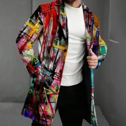 Best OUKU Men's Oil Painting Fleece Jacket Coat Thermal Comfortable Artistic Casual Outdoor Street Daily Wear Buttons 3D Print Front Pocket Winter Turndown Long Sleeve Red
