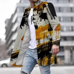 New OUKU Men's Oil Painting Winter Coat Overcoat Coat With Pockets Casual Daily Wear Vacation Going out Print Front Pocket Fall & Winter Turndown Long Sleeve khaki